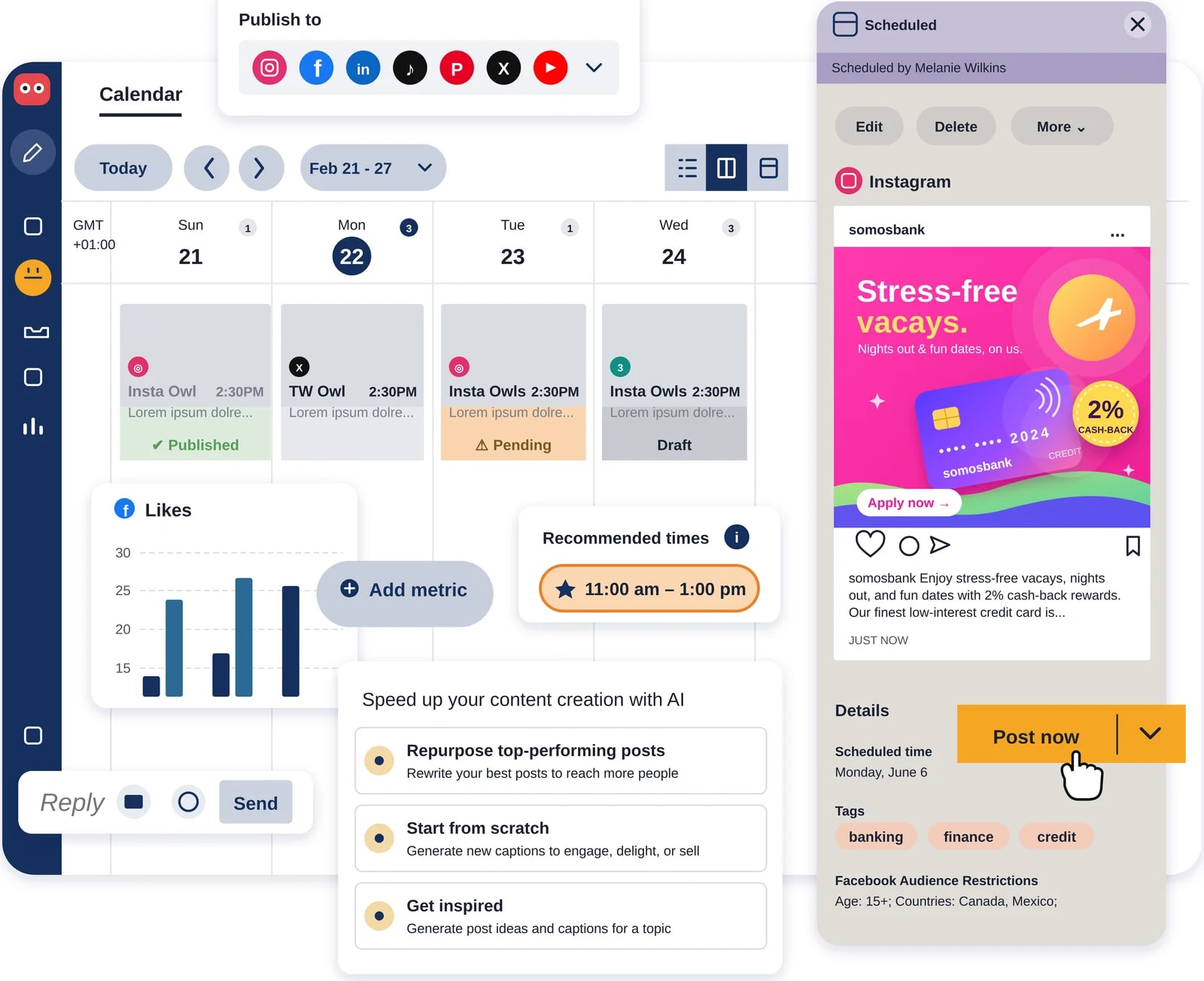 A social media content calendar with scheduled posts and an AI assistant suggesting content.