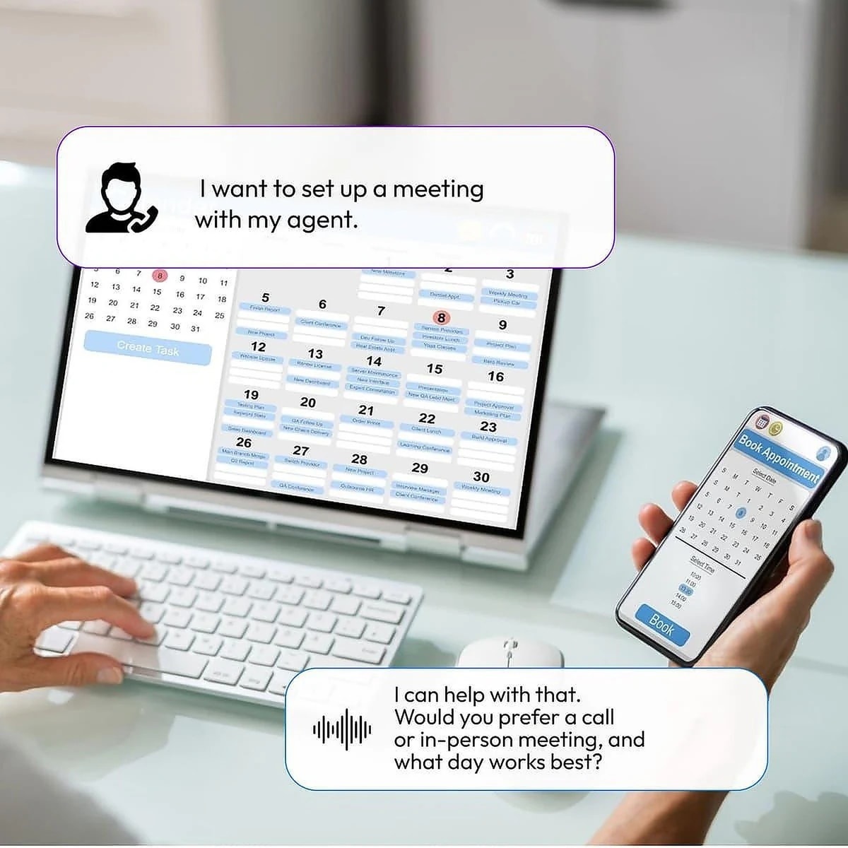 A person asks an AI voice agent to set up a meeting while a calendar fills in on a laptop and a phone.
